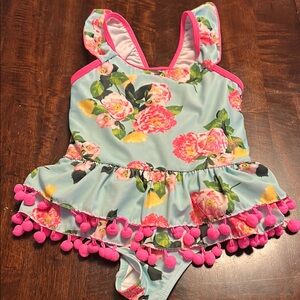 Betsey Johnson Floral Ruffle Swimsuit with Pom Poms